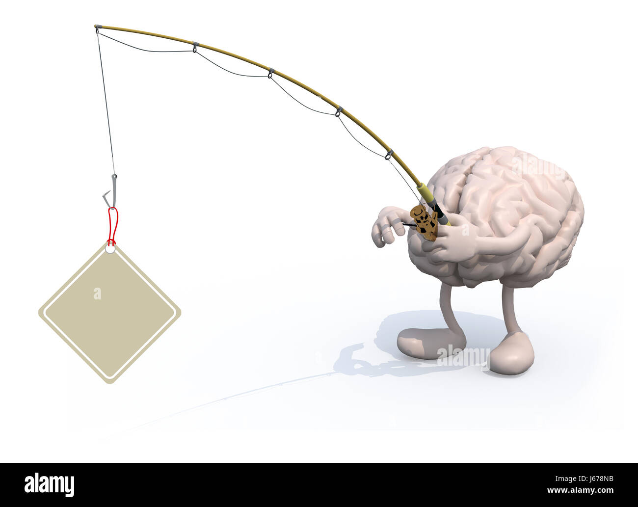 menschlichen Gehirns mit Armen, Beinen, Angelrute auf der Seite Angeln ein Label, 3d illustration Stockfoto