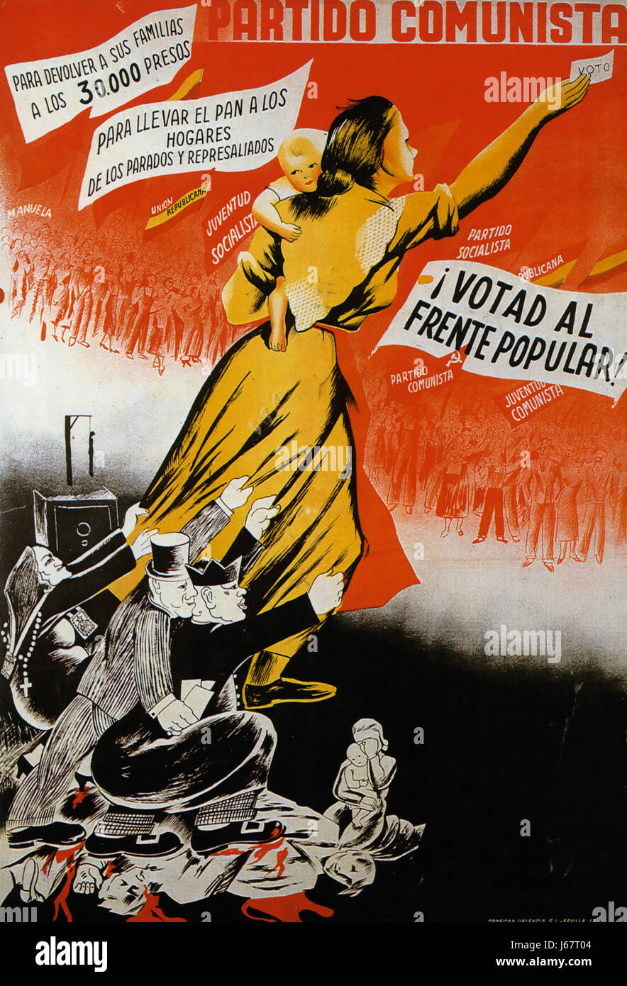 SPANISCHER Bürgerkrieg kommunistischen Plakat für die 1936 Februar Wahlen drängen die Menschen, für die Volksfront zu stimmen. "Bring Back 30.000 Gefangenen in ihre Heimat" "Bring Brot auf der Homepage der Arbeitslosen" Stockfoto