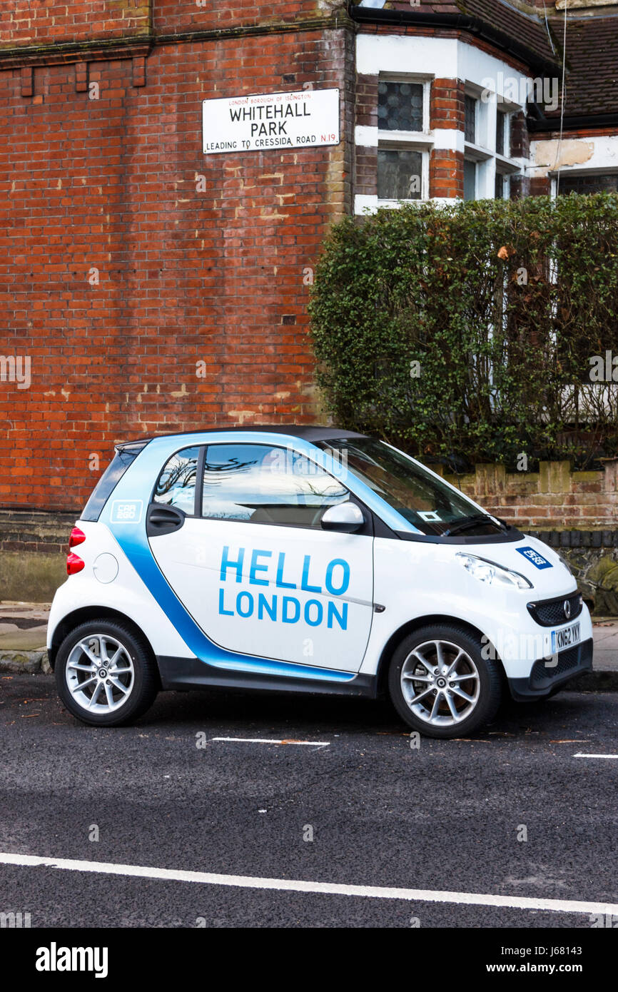 "Guten Tag London" Smart Auto, Car2Go Carsharing-Schema, London, UK Stockfoto