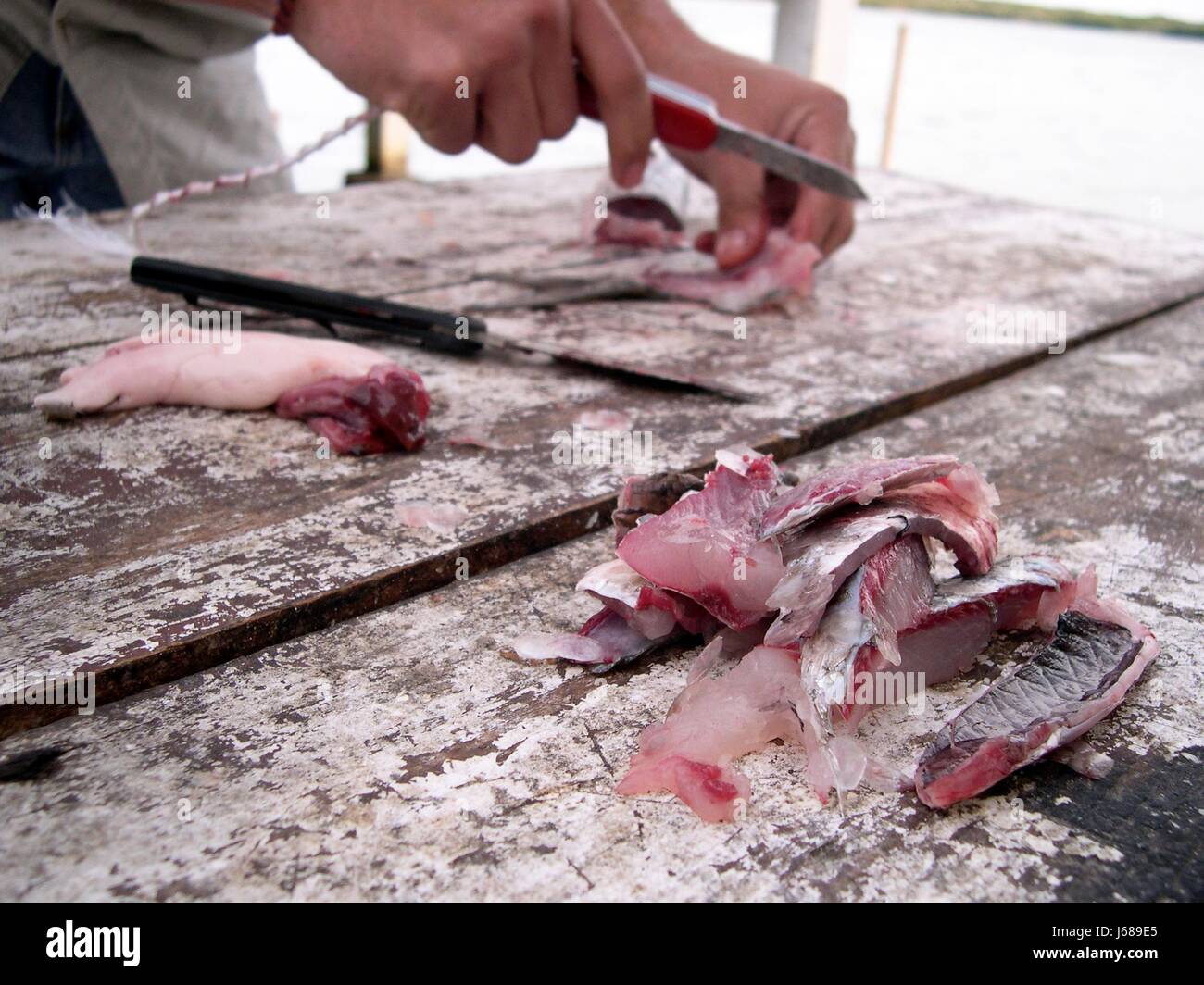 Lebensmittel Nahrungsmittel Winkel Fisch Köder rohes Filet schneiden Arm Waffe Messer Messer gefüllt Stockfoto