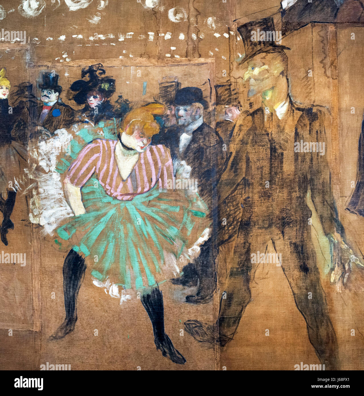 Toulouse-Lautrec Gemälde. "La Danse au Moulin Rouge" (Tanz im Moulin Rouge) von Henri de Toulouse-Lautrec (1864-1901), Öl auf Leinwand, 1895. Malerei ist auch bekannt als "La Goulue et Valentin le Désossé". Detail aus einem größeren Gemälde, J68FWY. Stockfoto