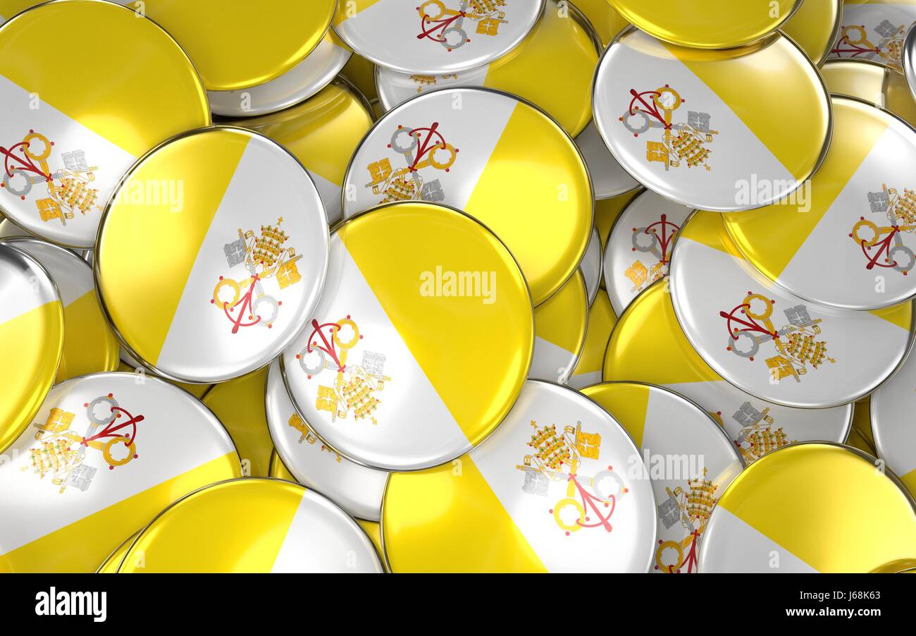 Vatikan Abzeichen Hintergrund - Haufen von Vatikan Flagge Buttons. 3D Rendering Stockfoto