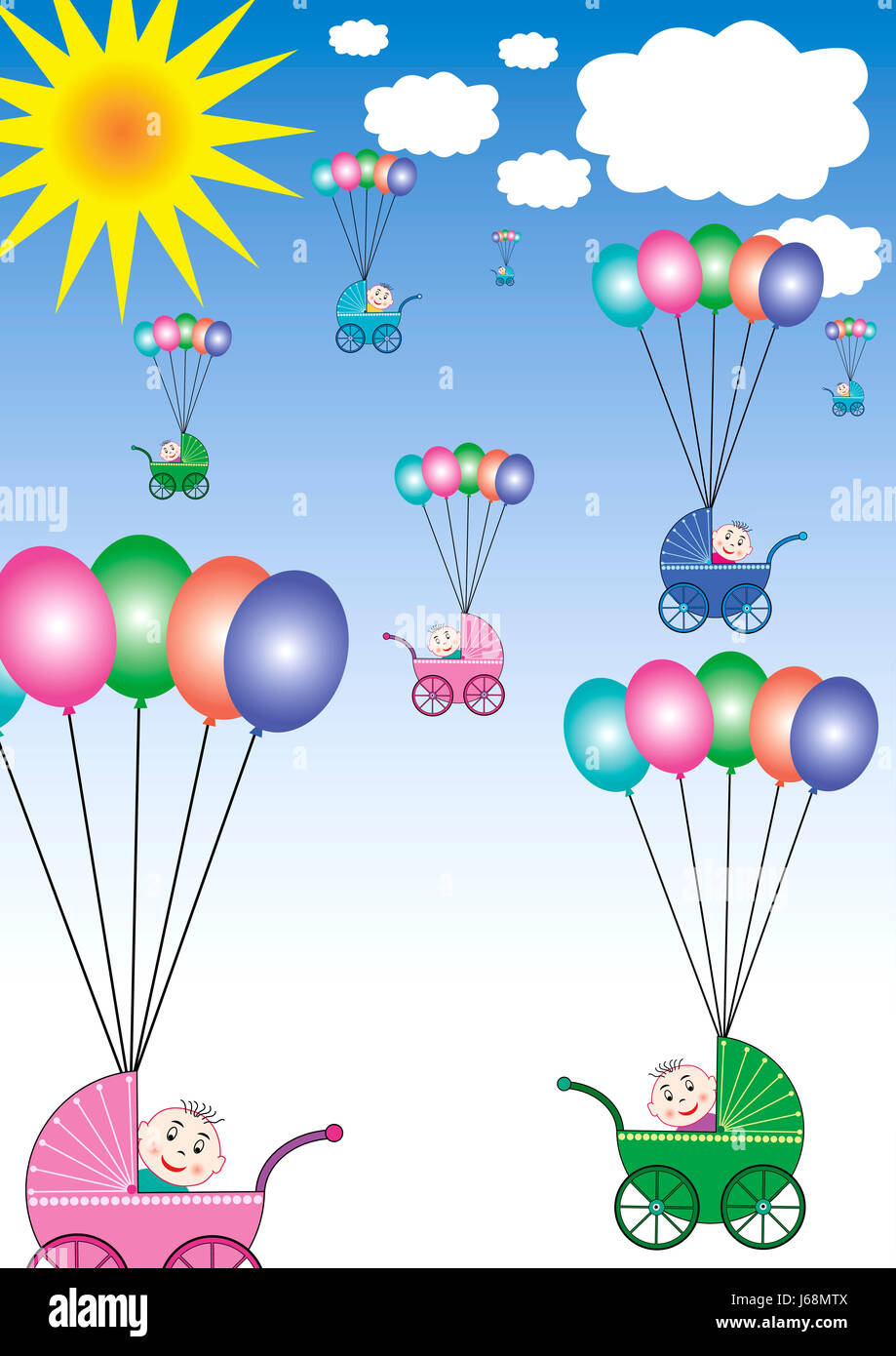 Kinderwagen auf Ballons in den Himmel Stockfoto
