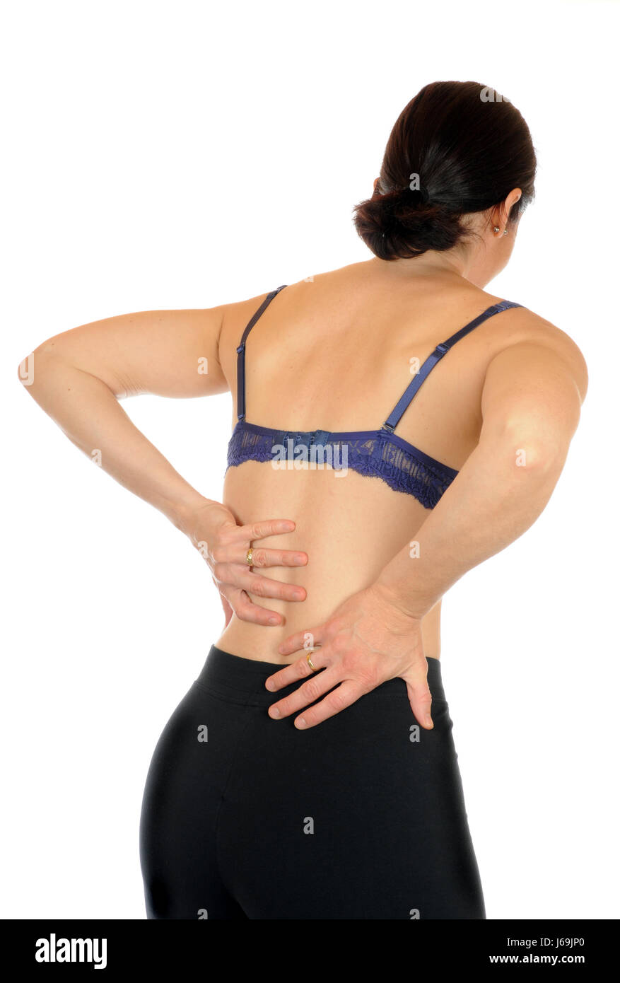 Frau Oberteil des Körpers zurückhalten Rückenschmerzen Ischias, Wirbelsäule einen Ruck zu geben Stockfoto