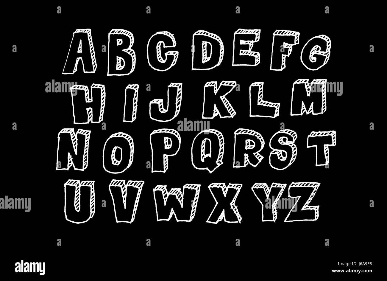 Hand gezeichnet volumetrische Abc, doodle Stil. Weiße Buchstaben auf schwarzem Hintergrund, skizzieren Sie Abbildung Stockfoto