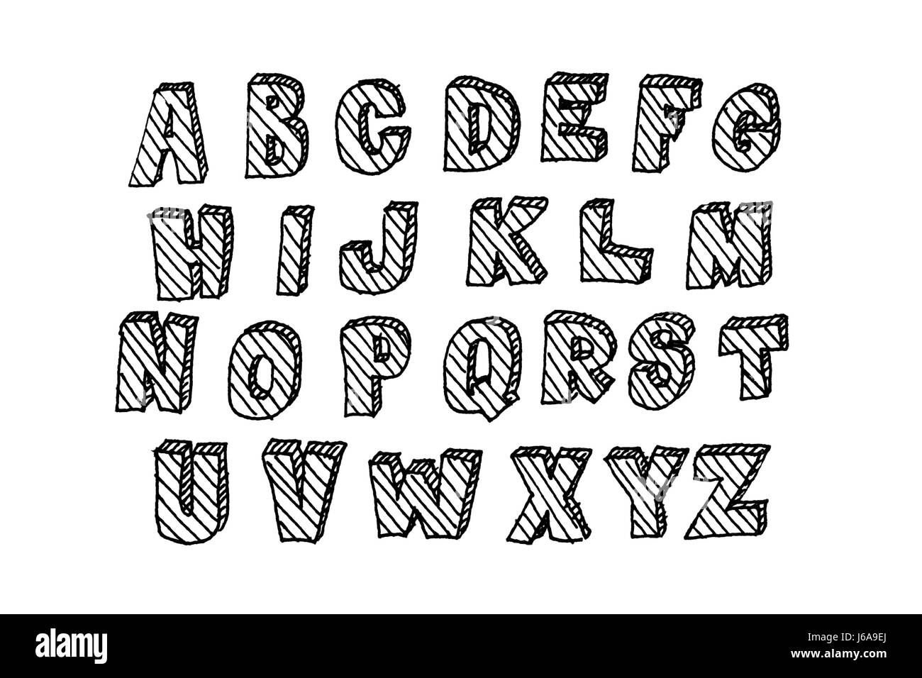 Hand gezeichnet Abc, doodle Stil. Schwarze Buchstaben auf weißem Hintergrund skizzieren Abbildung Stockfoto