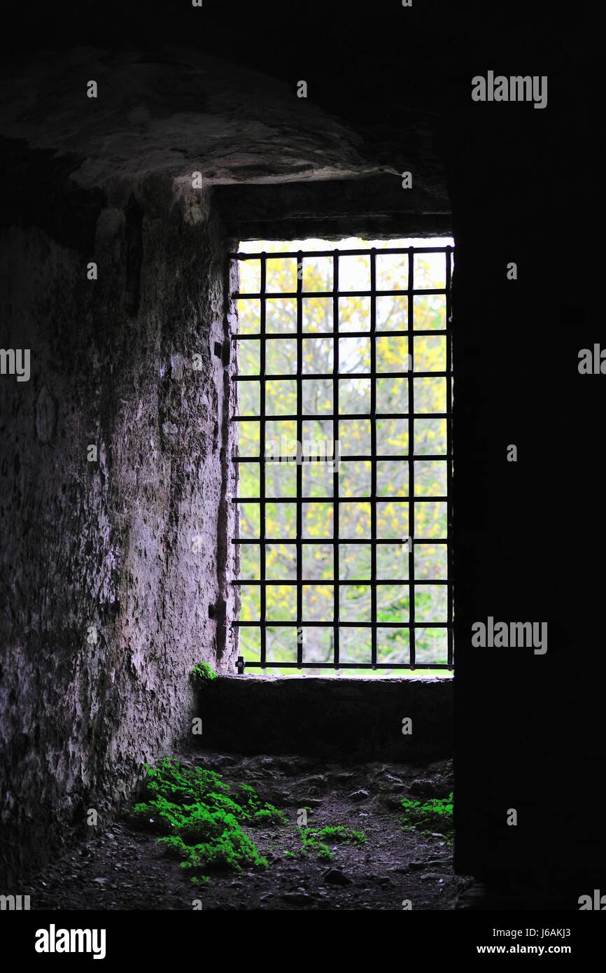 Ein Turm Fenster von innen Blarney Castle in Blarney, County Cork, Irland gezeigt. Das Schloss wurde 1446 von Dermot McCarthy gebaut. Stockfoto