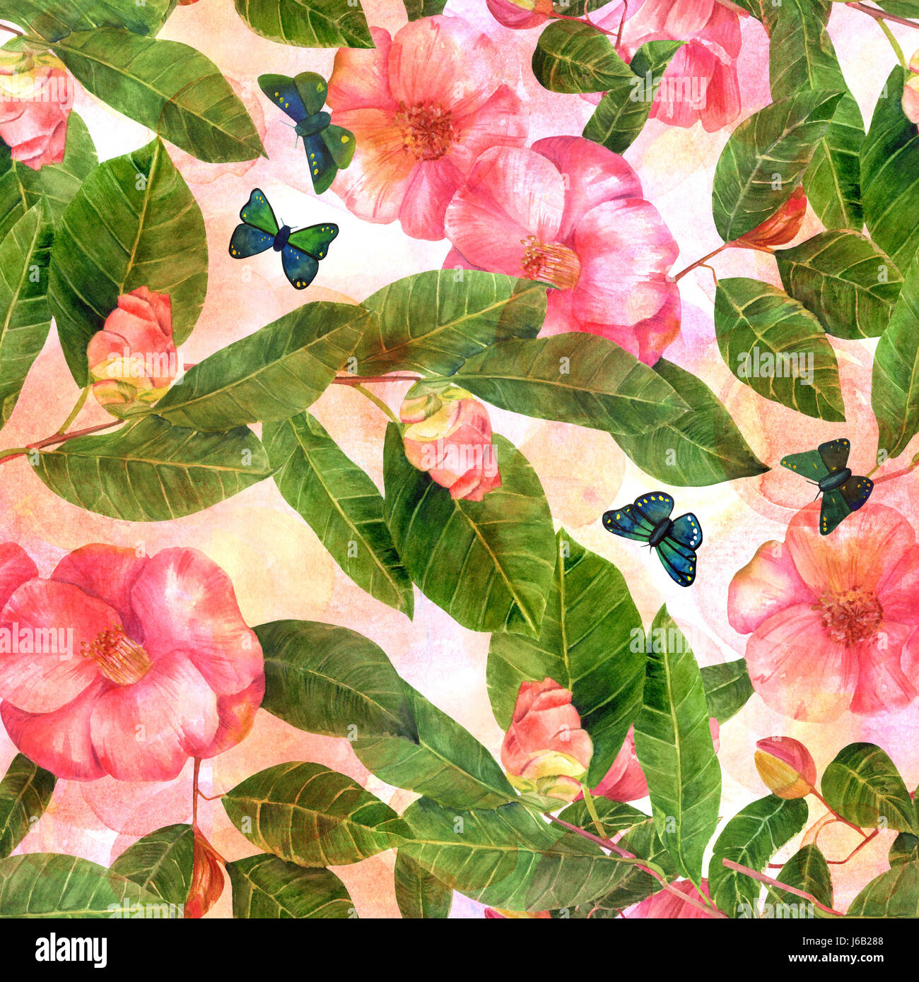 Eine nahtlose Hintergrundmuster mit schönen rosa Aquarell Kamelie mit grünen Blättern und blauer Schmetterlinge auf Pastell Textur Stockfoto