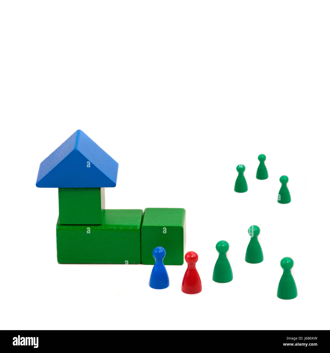 Hausbau Haus Block Immobilien auf dem Dach blau Makro Nahaufnahme Makro Stockfoto