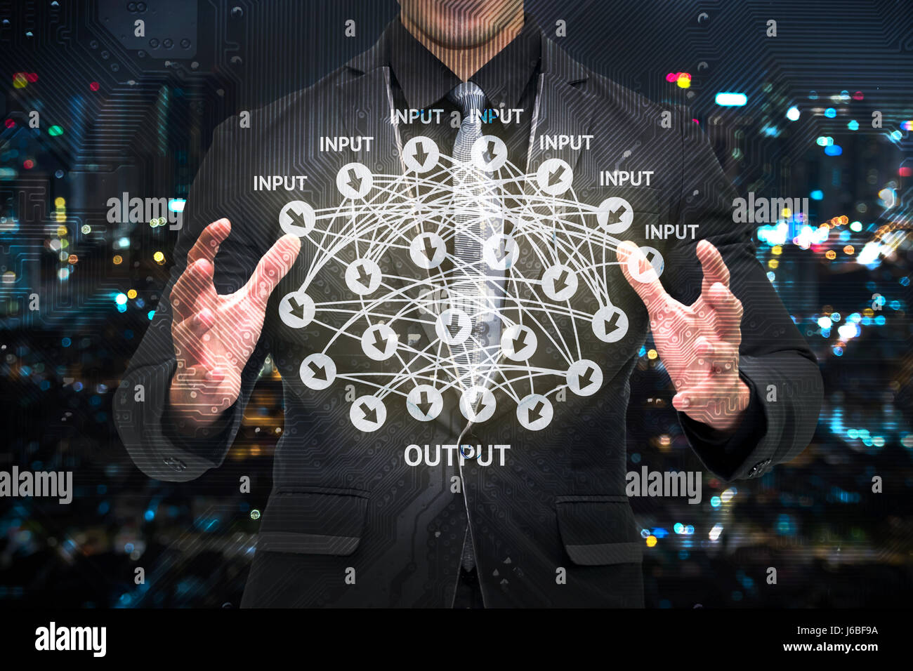 Tiefe lernen, maschinelles lernen und künstliche Intelligenz Konzept.  Mann-Betrieb zu entsprechen, Hand, Stromkreis Grafik- und Infografik von tiefen lear Stockfoto