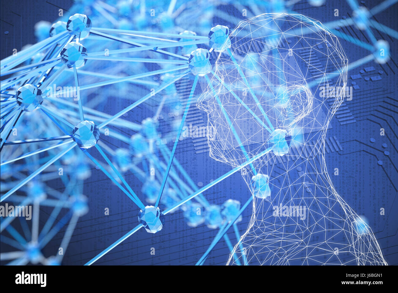 Blockchain Netzwerk, künstliche Intelligenz (KI), Maschine lernen, lernen, tief, Roboter Alter und neuronale Netze-Konzept. Wireframe des menschlichen, circ Stockfoto