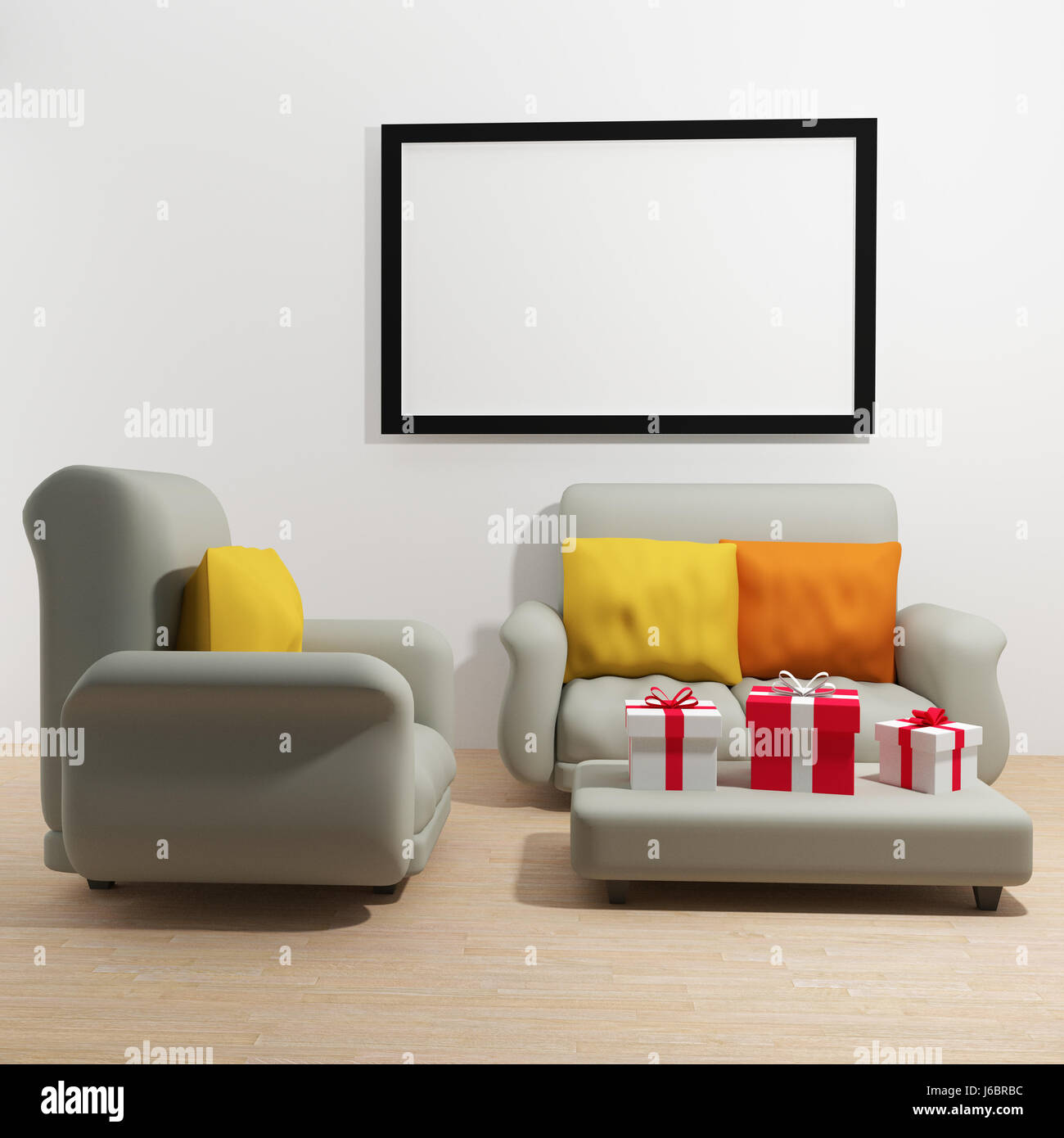 Mock-up Bilderrahmen mit Sofa und Geschenk in 3D-Rendering Stockfoto