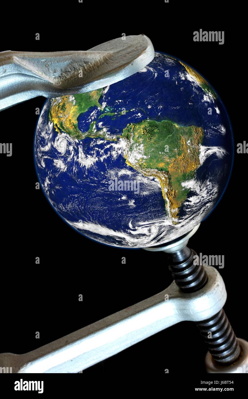 Gefahr Gefahr Krise Globus Planet Erde Welt Schraube Klemmplatte Bar Klemme Gefahr Stockfoto