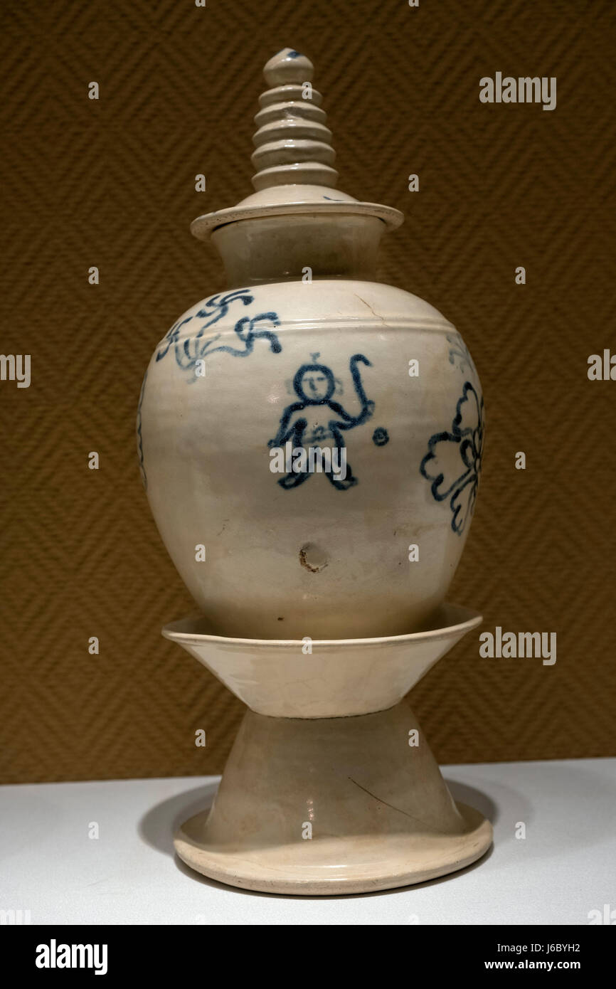 Blaue und weiße Topf in die Form einer Pagode. Tang-Dynastie (618 C.E - 907 nChr) Stockfoto