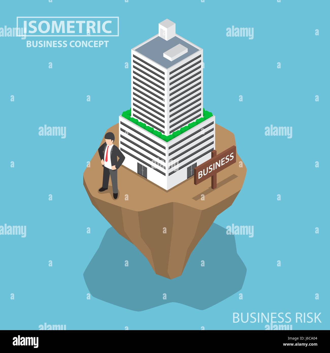 Wohnung 3d isometrische Geschäftsmann Build Geschäftshaus auf instabilen Land, Wirtschaft und Investitionen-Risk-Konzept Stock Vektor