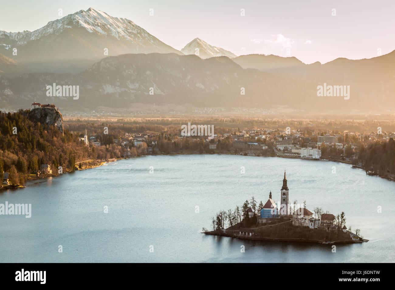 Schöne Sicht auf den See Bled in Slowenien Stockfoto