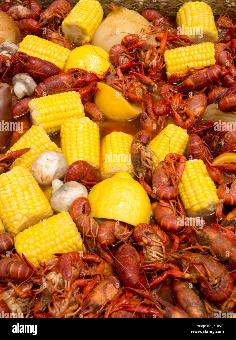 Gekochte Flusskrebse und Mais in New Orleans. Südliche Küche. Stockfoto