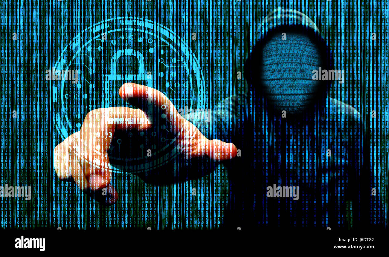 Computer-Hacker Finger zeigen auf einen Bildschirm, Security-Symbol und Binärcode Gesicht mit abstrakten Binärcode Hintergrund Stockfoto