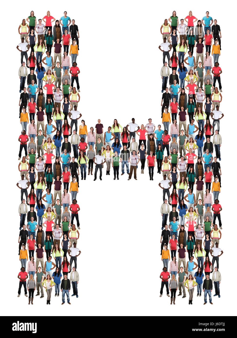 Buchstabe H-Alphabet-Gruppe von Menschen, die isoliert auf weißem Hintergrund Stockfoto
