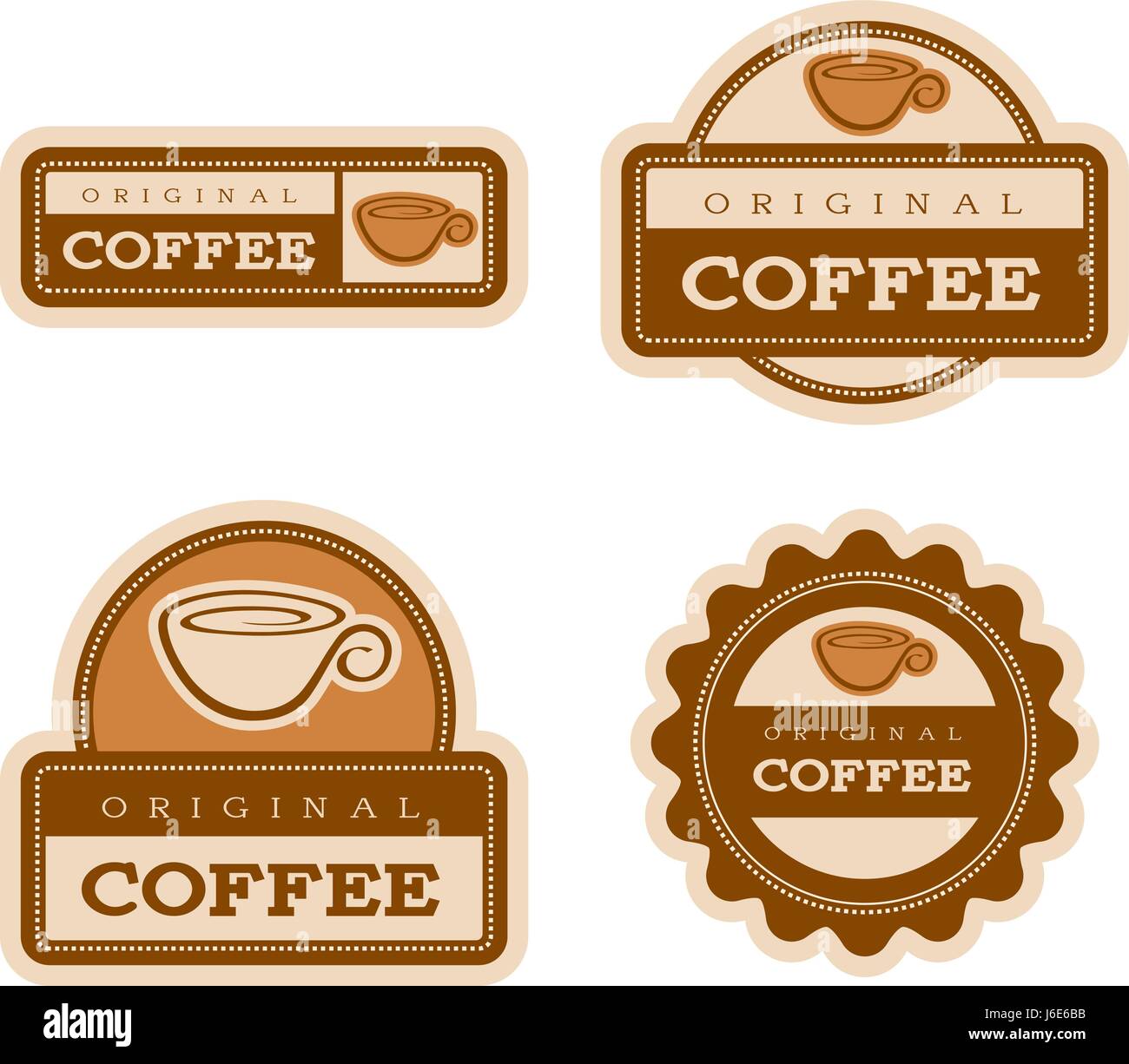 Vier Vintage Essen Etikettendesigns mit einer Kaffee-Design und Illustration. Stock Vektor