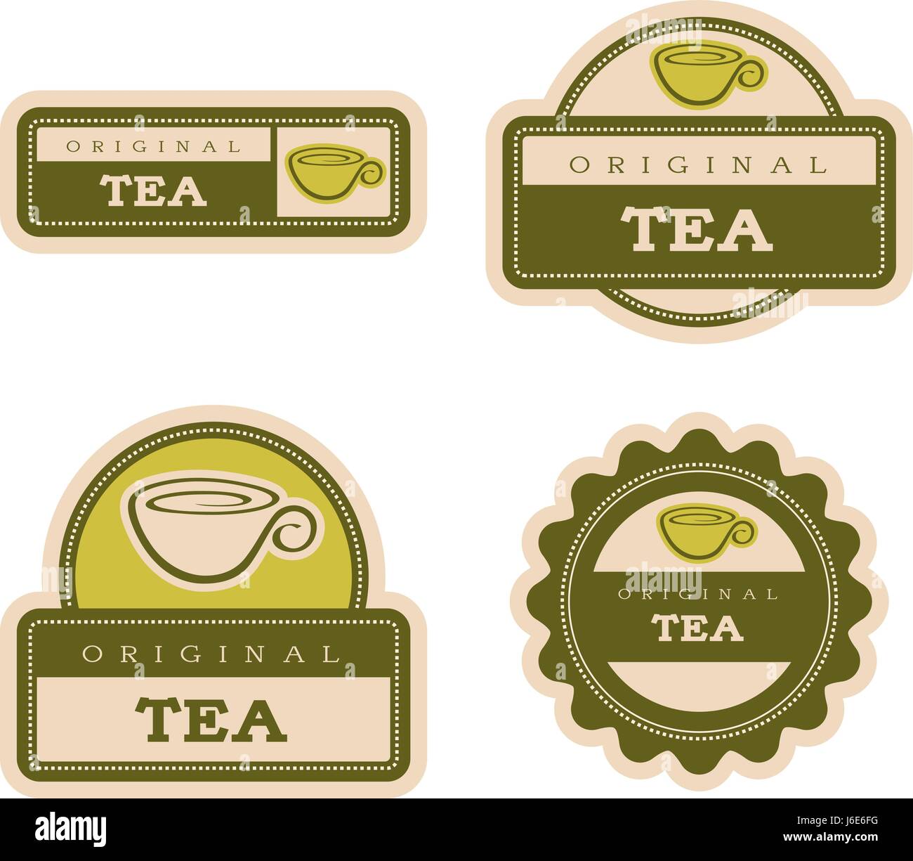Vier Vintage Essen Etikettendesigns mit einem Tee-Design und Illustration. Stock Vektor