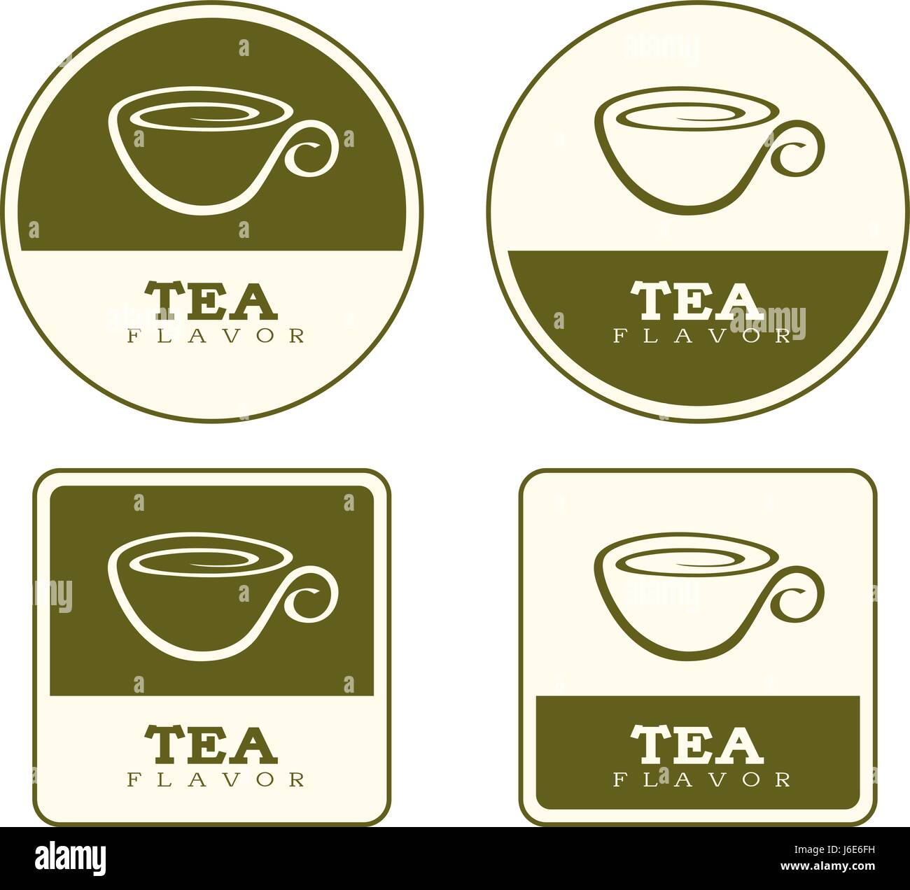 Vier Speisen Etikettendesigns mit einem Tee-Design und Illustration. Stock Vektor