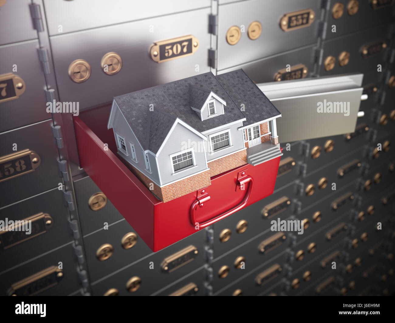 Haus in geöffneten safe zur Verfügung. Sicherheit im Haus oder Investition und Einsparung Konzept. 3D illustration Stockfoto