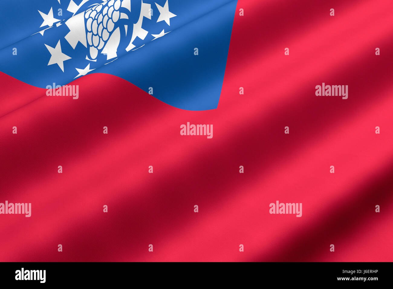 Asien Flagge Myanmar asiatische Farbe Nahaufnahme Asien Textil Myanmar Fahnenbanner Stockfoto