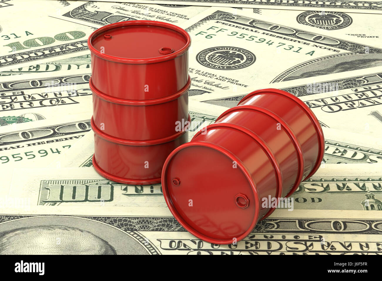 3D Illustration: Red Barrel Öl auf den Hintergrund des Dollar Geld liegen. Geschäft, schwarzes gold, Benzin Erdölproduktion. Kauf Verkauf, Lager. Stockfoto