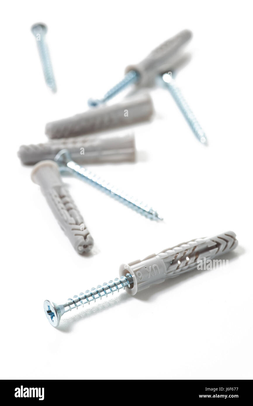 Werkzeug Wand Schraube Kunststoff synthetischen Material Dübel grau grau enge Reparaturtool Stockfoto