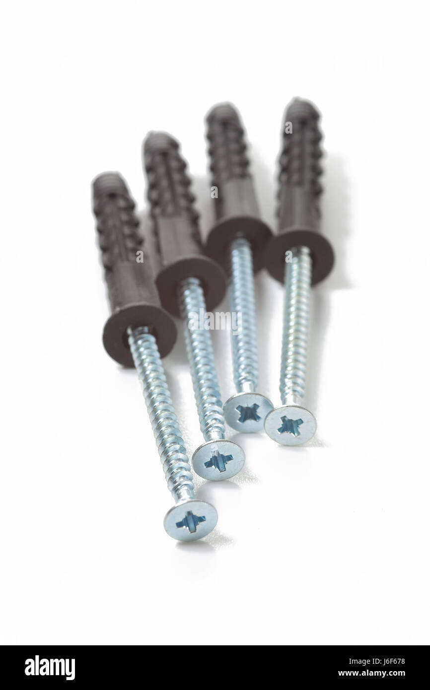 Werkzeug Wand Schraube Kunststoff synthetischen Material Dübel grau grau enge Reparaturtool Stockfoto