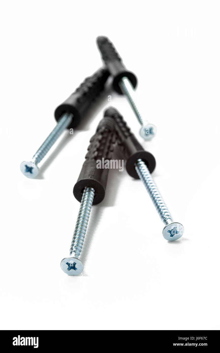 Werkzeug Wand Schraube Kunststoff synthetischen Material Dübel grau grau enge Reparaturtool Stockfoto