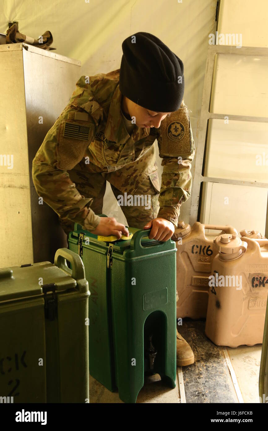 Ein Spezialist der US-Armee übte kulinarische Aufgaben aus, einschließlich der Reinigung von Küchencontainern, während der Saber Junction 17 auf dem Hohenfels Trainingsgelände. Die Übung bewertet die Bereitschaft des 2. Kavallerie-Regiments für vereinheitlichte Landoperationen. Stockfoto