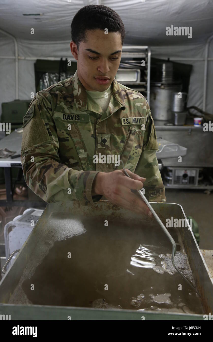 US Army Spc. Lavay Davis der Regiments Support Squadron, reinigt 2d Cavalry Regiment Squadron Küchenutensilien während der Durchführung von kulinarischen Aufgaben während Saber Junction 17 im Hohenfels Trainingsbereich, Deutschland, 11. Mai 2017. Säbel Junction 17 ist der US-Army Europe 2d Kavallerie-Regiment Kampftraining Zentrum Zertifizierung Übung, statt an den Joint Multinational Readiness Center in Hohenfels, Deutschland, April 25-Mai 19, 2017. Die Übung soll die Bereitschaft des Regiments, einheitliches Land tätig, mit Schwerpunkt auf Proben des Übergangs Stockfoto