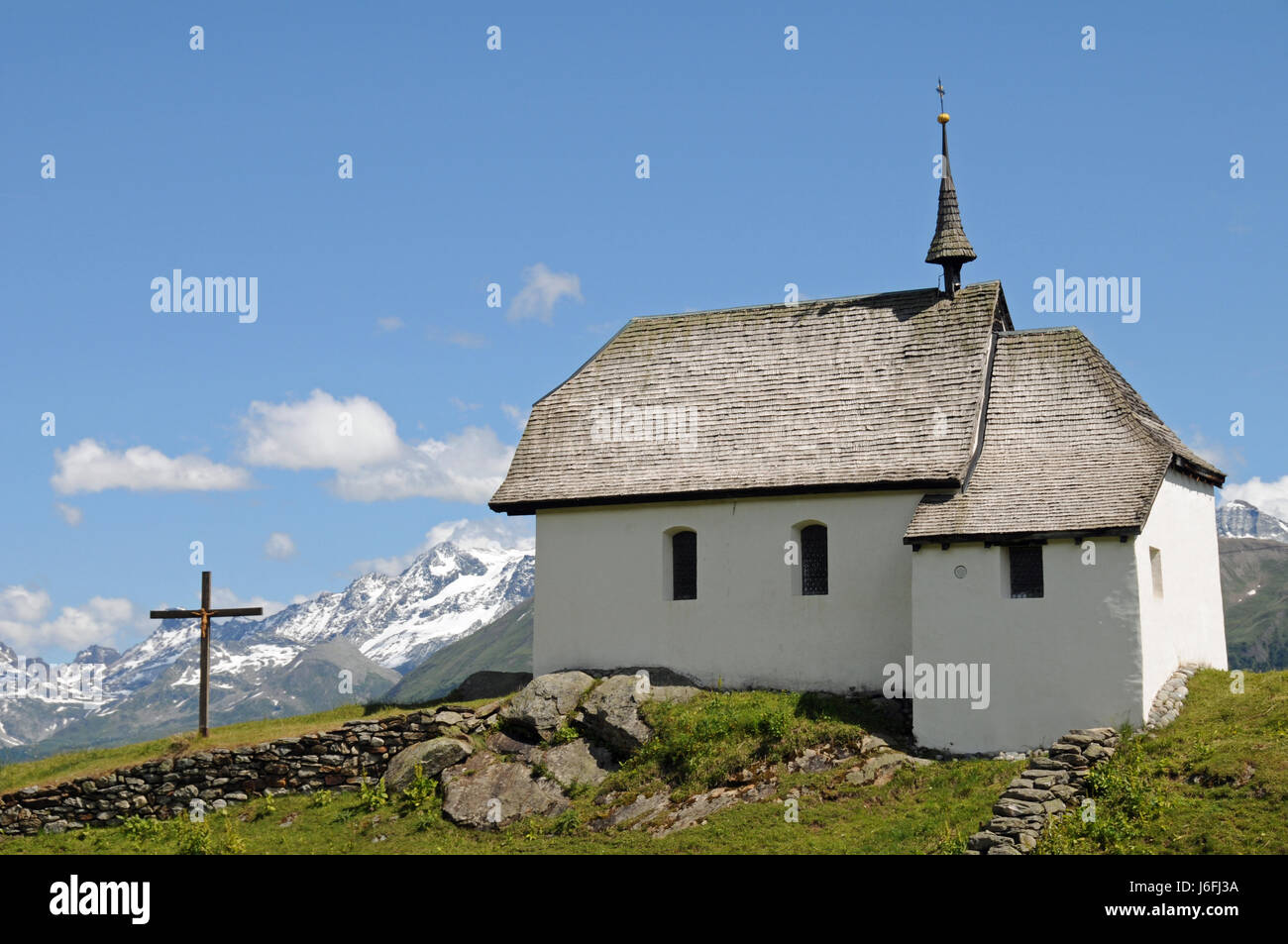 Kirche Alpen Kapelle Schweiz Wallis Turm Religion religiöse Überzeugung Berge Stockfoto