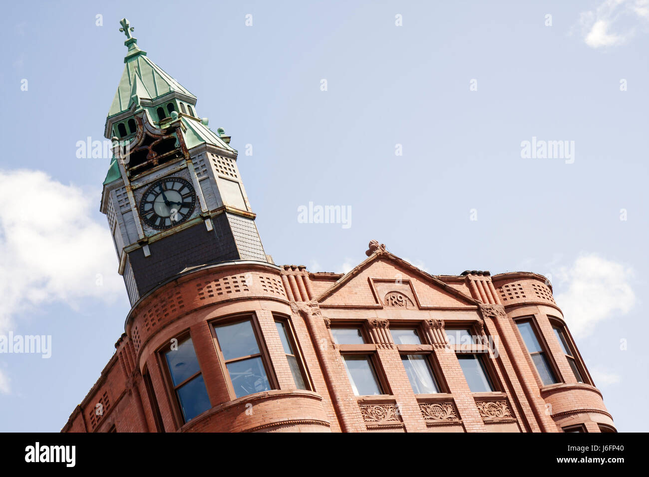 Marquette Michigan Upper Peninsula UP Lake Superior, North Front Street, Downtown, Old Savings Bank Building, 1891, roter Sandstein, Uhrenturm, MI090514069 Stockfoto