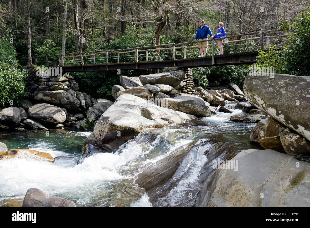 Tennessee Great Smoky Mountains National Park, Little Pigeon River, Mann Männer männlich, Frau weibliche Frauen, Paar, Felsen, Wasserfall, Brücke, Natur, Natur, Landschaft, Stockfoto