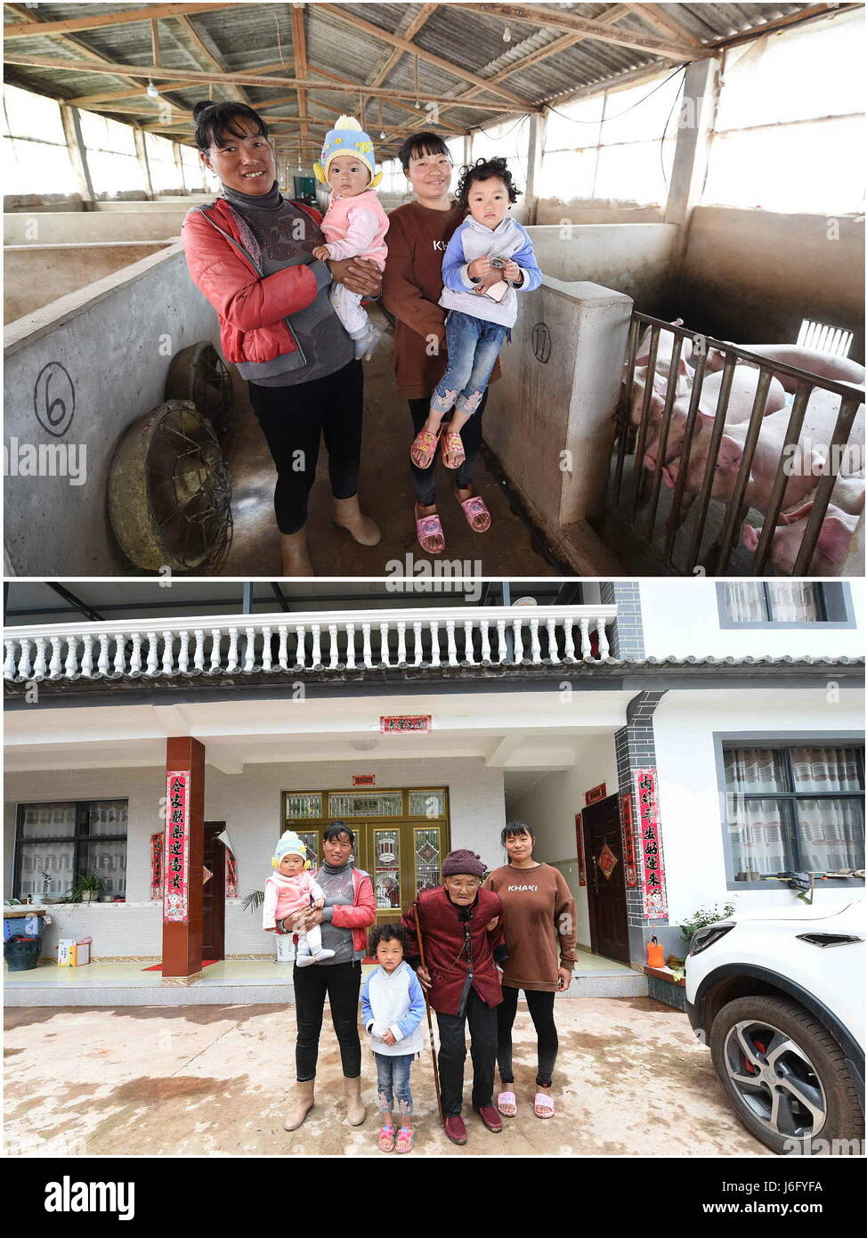 (170521)--YUNLONG, 21. Mai 2017 (Xinhua)--Combo Foto am 18. Mai 2017 zeigt Yang Yunli (1. L) mit ihrer Tochter und Enkel in ihrem Schwein-Bauernhof (nach oben) und mit ihr 90-Jahr-alte Schwiegermutter, Tochter und Enkel in ihrem neuen Haus (unten) am Longzitang Dorf Yunlong County, Südwesten der chinesischen Provinz Yunnan. Der Yang-Familie, Aufzucht von mehr als 150 Schweinen jetzt, habe ein Nettoeinkommen von mehr als 300.000 Yuan (43.600 US-Dollar) im Jahr 2016. Zur Verbesserung der Lebensbedingungen und Einkommen für die Armen Dorfbewohner, vor allem der Bai Volksgruppe Leben auf Landwirtschaft in den Bergen, lokale veröff. Stockfoto