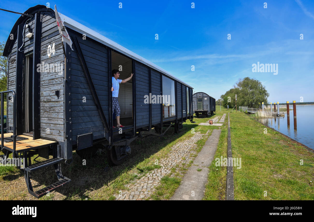 Brutto-Neuendorf, Deutschland. 17. Mai 2017. Eine stillgelegte Bahn-Kutsche, die in ein Ferienhaus umgewandelt wurde bietet einen tollen Blick auf die deutsch-polnischen Grenzfluss Oder in den Hafen der Gross Neuendorf, Deutschland, 17. Mai 2017. Die historischen Eisenbahnwagen sind auf den Spuren der ehemaligen Oderbruch Bahn im Hafen von Brutto Neuendorf geparkt. Foto: Patrick Pleul/Dpa-Zentralbild/ZB/Dpa/Alamy Live News Stockfoto