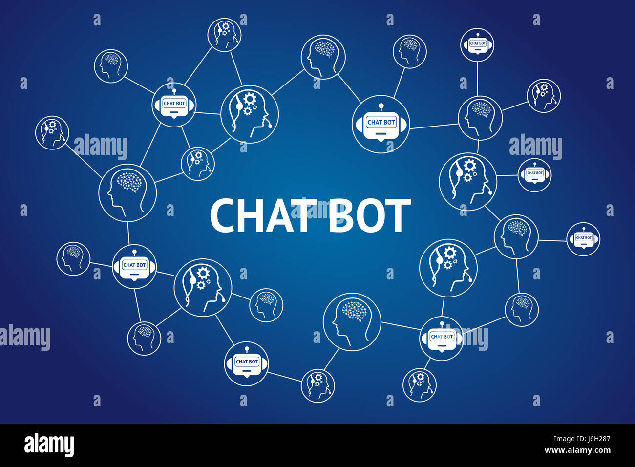 Chat-Bot und zukünftige marketing-Konzept, Chatbot Text und Roboter verbinden Symbole mit blauem Hintergrund Stockfoto