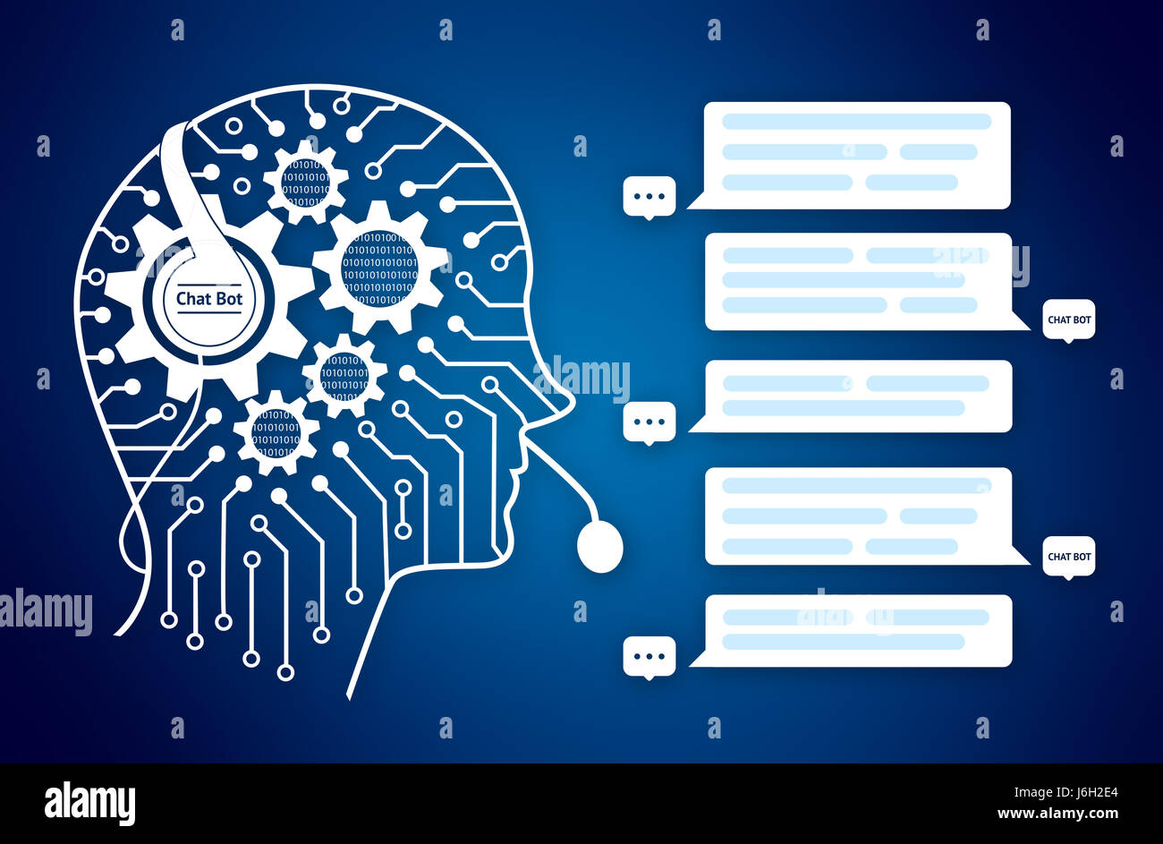 Chat-Bot und zukünftige Infografik Marketingkonzept, automatische Grafik Chatbot Nachrichtenbildschirm. Roboter-Grafik, Zahnräder, binär codiert und elektrische begründeten Stockfoto