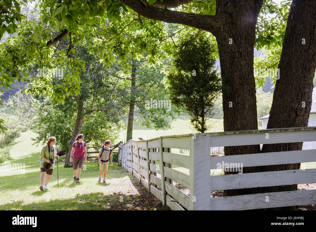 Blue Ridge Parkway Virginia, Appalachian Mountains, Otter Peaks, Johnson Farm, Farmstead, 19. Jahrhundert, Zaun, Erwachsene Erwachsene Frauen Frauen weibliche Dame, Mädchen g Stockfoto