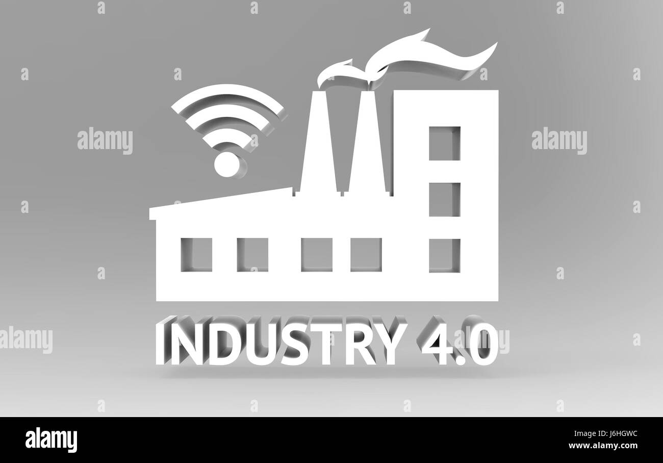 Industrial4.0 Cyber-Physical Systems Konzept, Text und Symbol der Industrie 4.0 auf grauen Sockel, 3D illustration Stockfoto