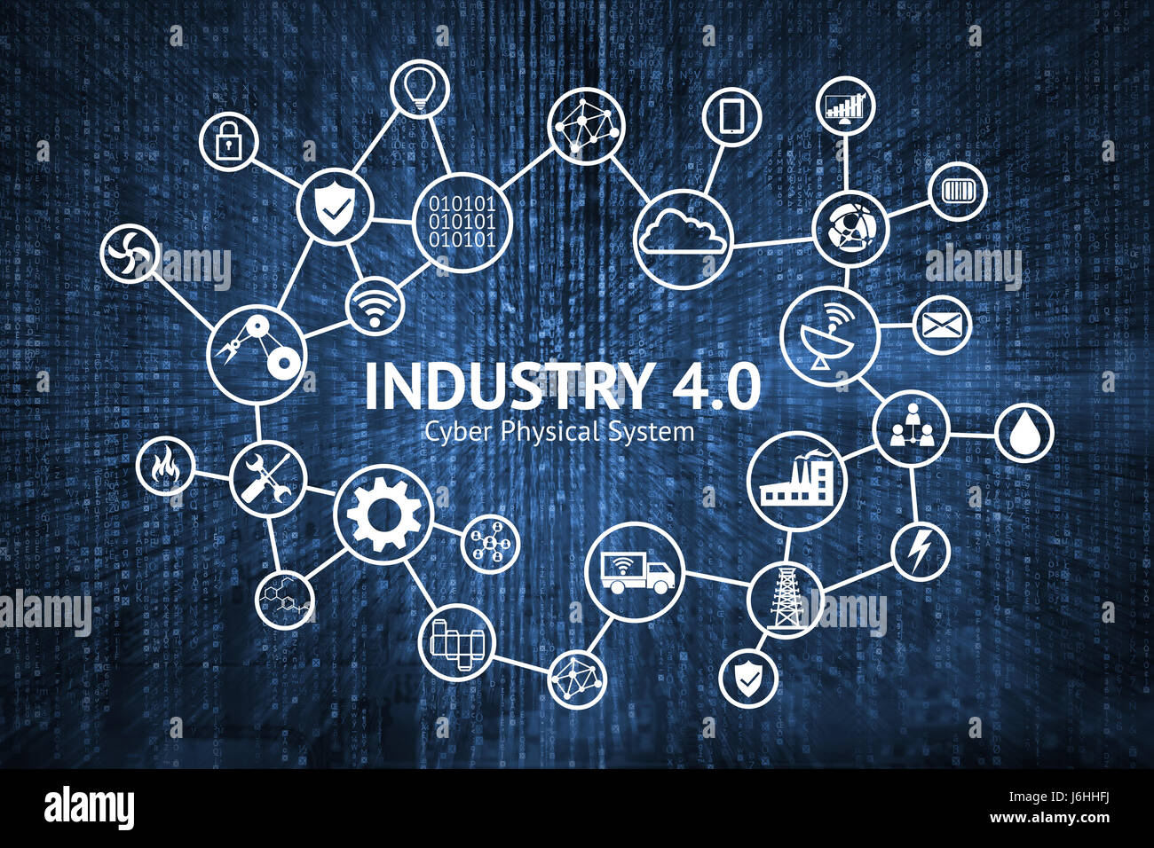 Industrielle 4.0 Cyber-Physical Systems Konzept, Ikone der Industrie 4.0, Internet der Dinge-Netzwerk, intelligente Fabrik Lösung, Fertigungstechnik, autom Stockfoto