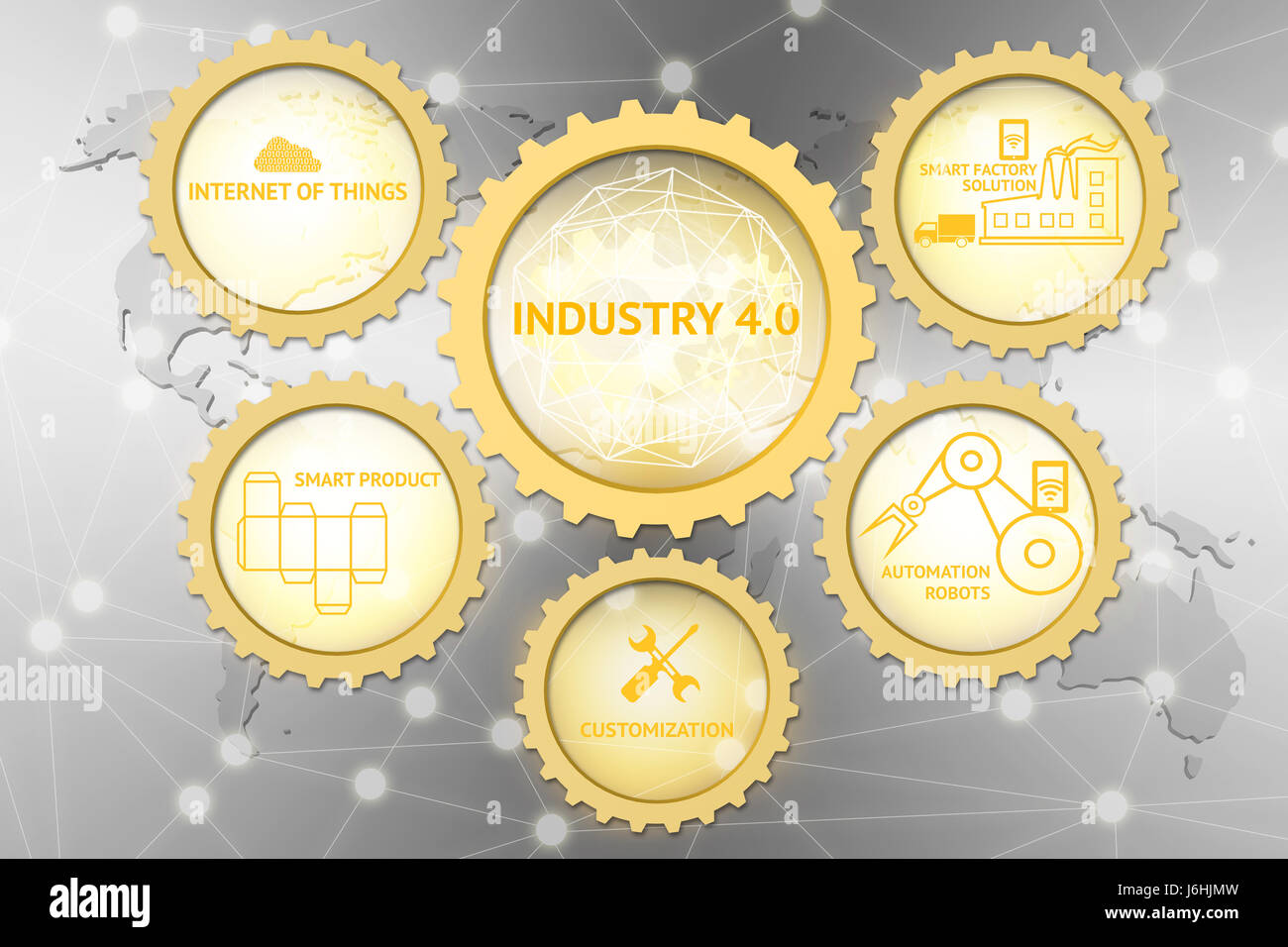 Industrielle 4.0 Konzept, goldene Zahnräder, Internet der Dinge, intelligente Fabrik Lösung, Anpassung, Automatisierung Roboter, Symbol "intelligente Produkt" mit Welt Stockfoto