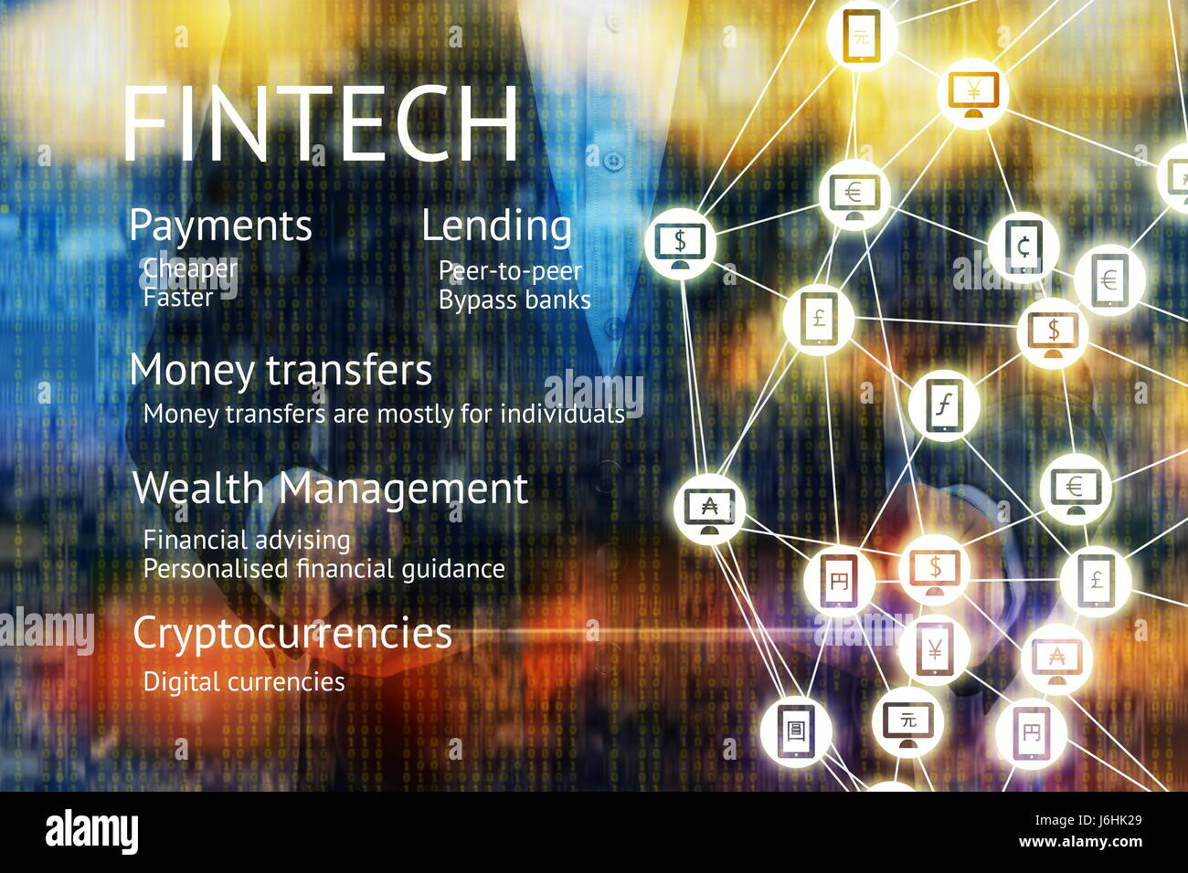 FinTech-Konzept. Mann Anzug Welt Währungen Zeichen auf Handy, Computer-Symbol. FinTech, Zahlungen, Kredite, Überweisungen, Vermögensverwaltung, cyptocur Stockfoto