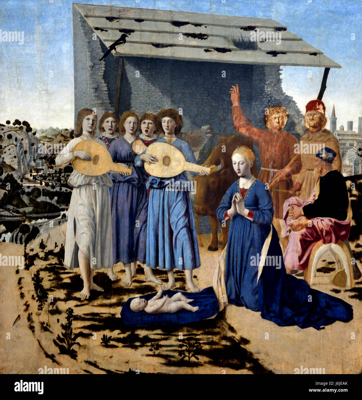 Die Geburt Christi 1470-5 Piero della Francesco 1415/20 - 1492 Italien Italienische Geburt, bezieht sich auf die, Geburt Jesu, die zentrale Figur der Religion des Christentums, feiern die Geburt Christi, während, Weihnachten Stockfoto