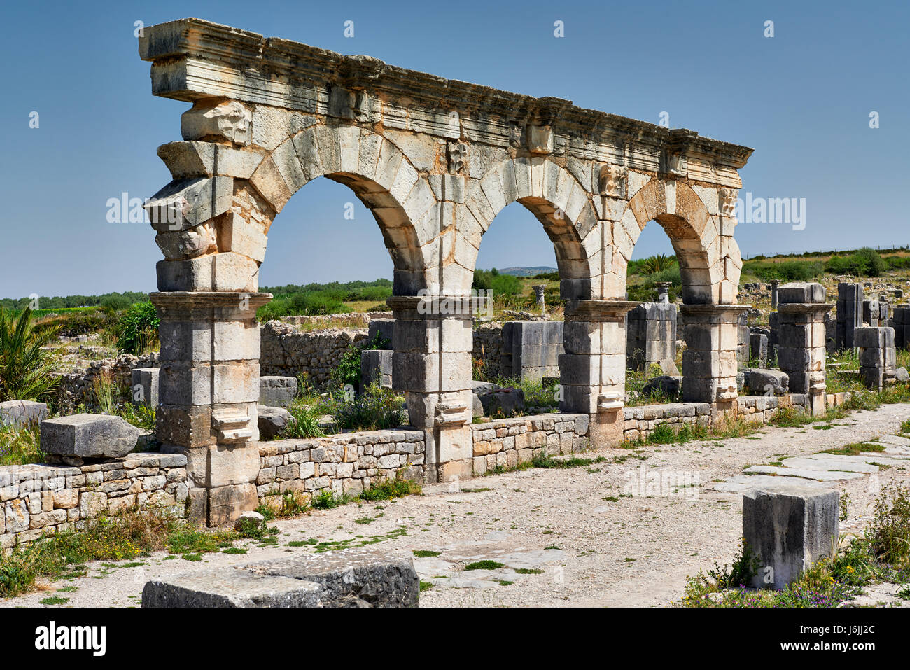 Decumanus Maximus, Hauptstraße durch die römischen Ausgrabungen von Volubilis, Marokko, Afrika Stockfoto