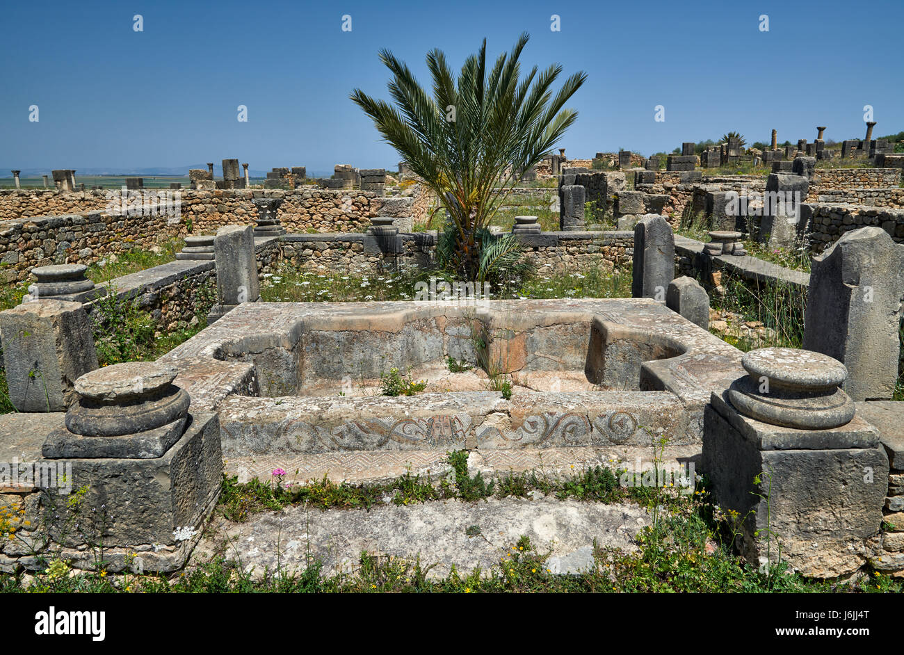 Bad im römischen Villa des römischen Ausgrabungen in Volubilis, Marokko, Afrika Stockfoto