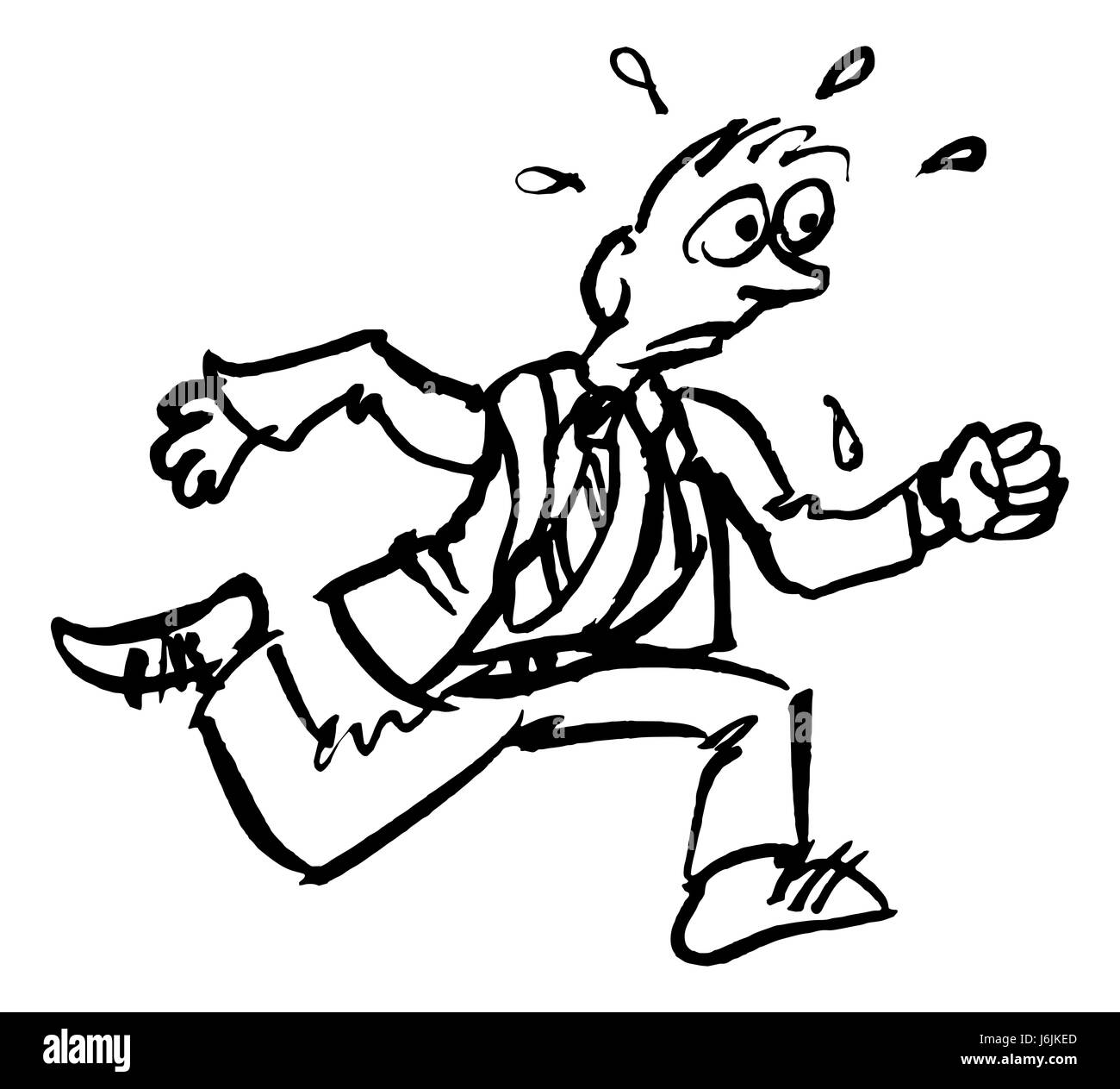 Eine Grunge handgezeichneten Stil Zeichnung eines laufenden gestresst Schwitzen Geschäftsmann Stockfoto